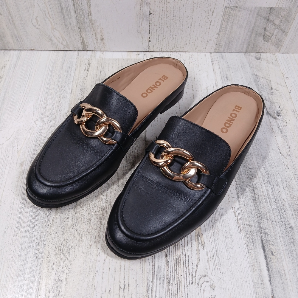 Blondo Bryce Women's Black Leather Mules with Gold Chain #1013 - Picture 2 of 11
